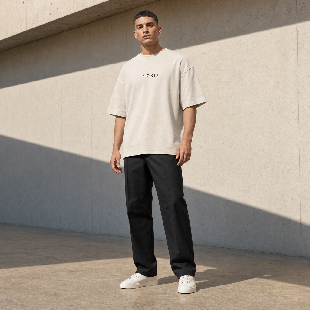 NORIX Concrete Sand oversized T-Shirt - worn in a Dubai-inspired streetwear lifestyle