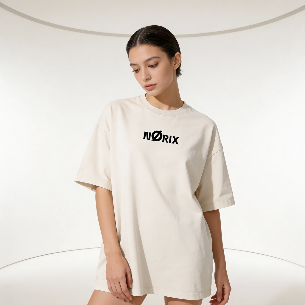 NØRIX Core Ø Oversized T-Shirt – Concrete Sand | Premium Cotton (Unisex)