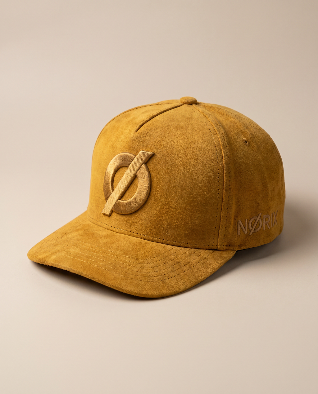 NØRIX NORIX Mustard Gold suede snapback cap – embroidered Ø logo, premium streetwear cap Dubai UAE