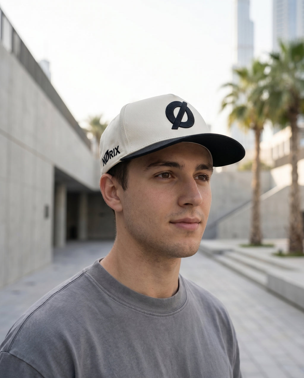 Man wearing NØRIX off-white and black Core snapback cap – Dubai streetwear, NORIX UAE